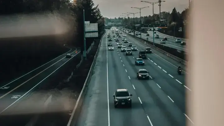 Traffic moving along a highway in Surrey, British Columbia, Canada