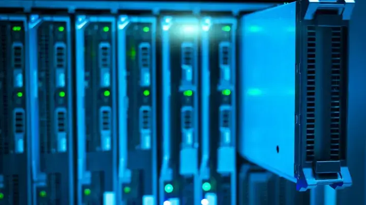 Server hardware in a data center illustrating cyber insurance bricking, restoration and hardware replacement