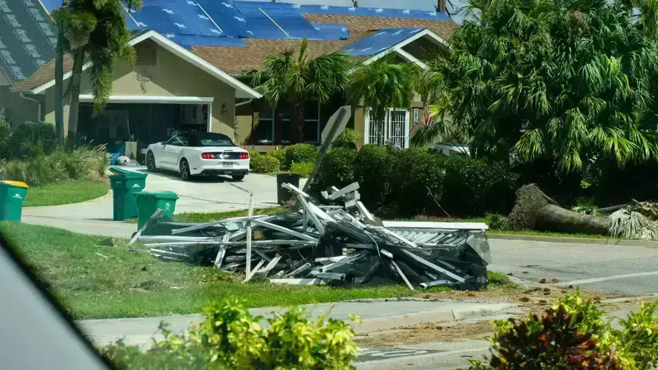 Hurricane-damaged residential neighborhood, illustrating percentage storm deductibles in homeowners insurance