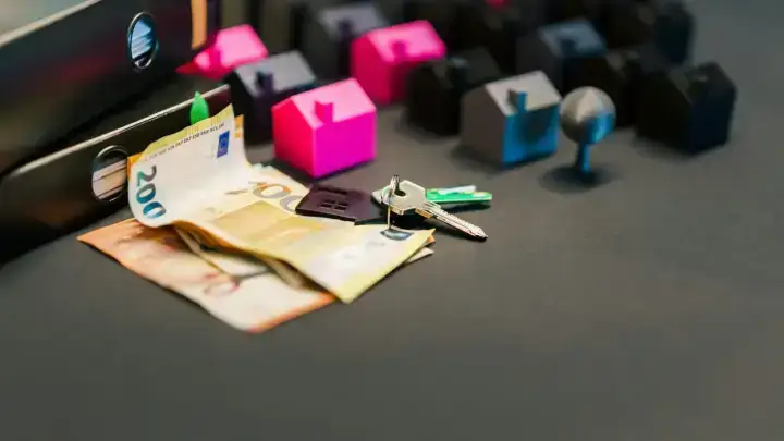 House keys, property documents and miniature homes illustrating owner and lender title insurance at closing