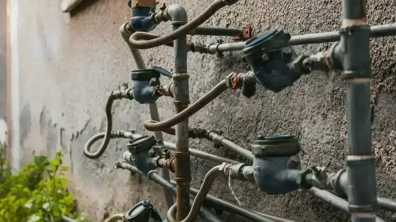 Water meters and utility pipes illustrating residential service line coverage for buried water and sewer infrastructure